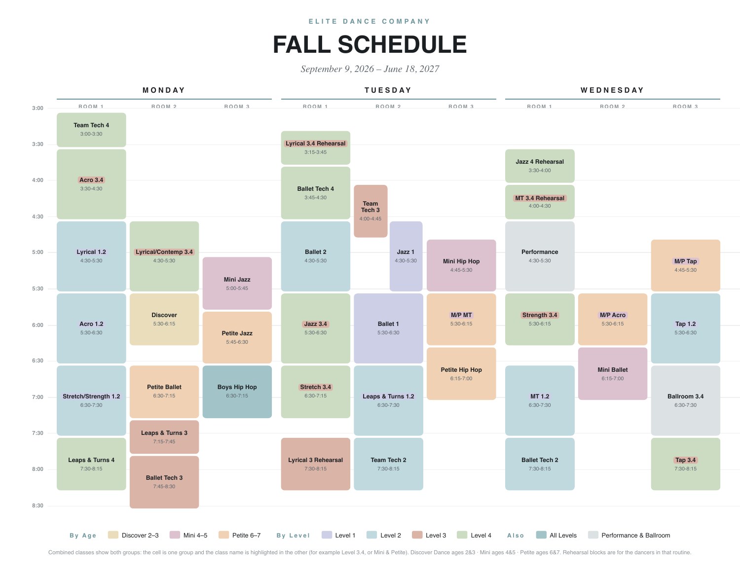 Elite Dance Company fall schedule preview, September 9 to June 18, Monday through Wednesday